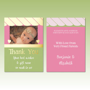 Thank you new baby gifts pink green foil card