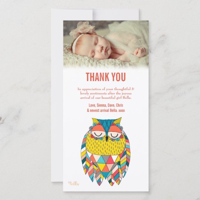 Thank You Note Aztec Baby Owl Photo Card Template (Front)