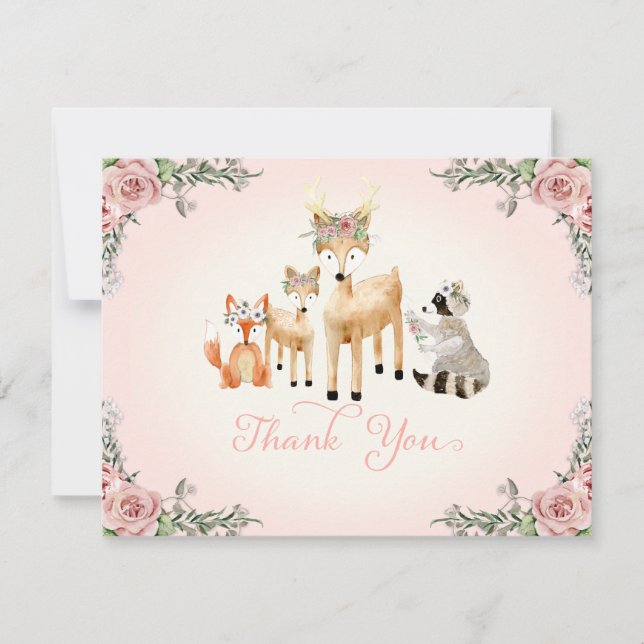Thank You Note Baby Girl Woodland Deer fox Raccoon Card (Front)
