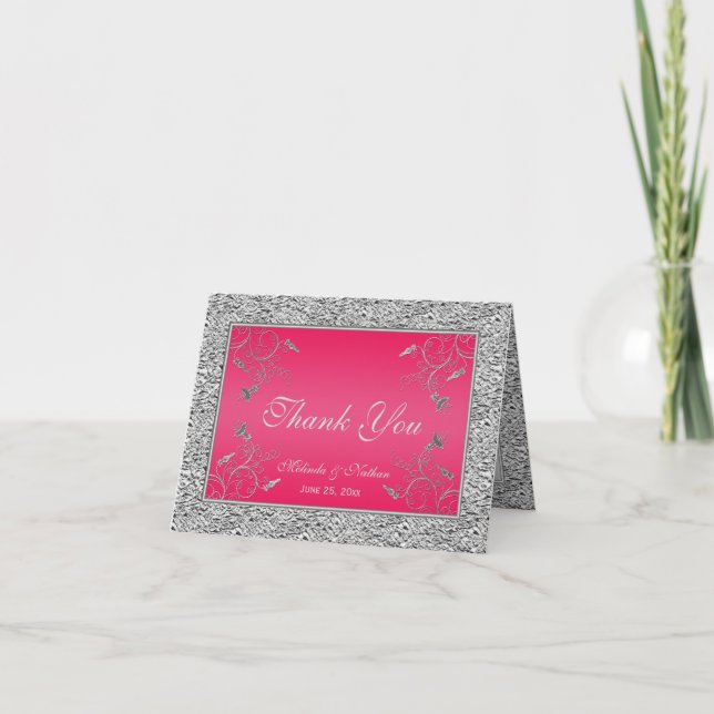 Thank You Note Card | Hot Pink, Silver Foil Look (Front)