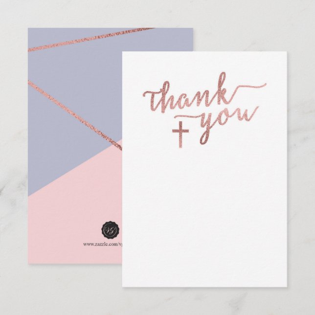 Thank You Note Card, Rose Gold Cross Invitation (Front/Back)