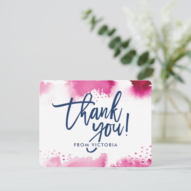 THANK YOU NOTE hand lettered dark pink watercolor Invitation (Standing Front)
