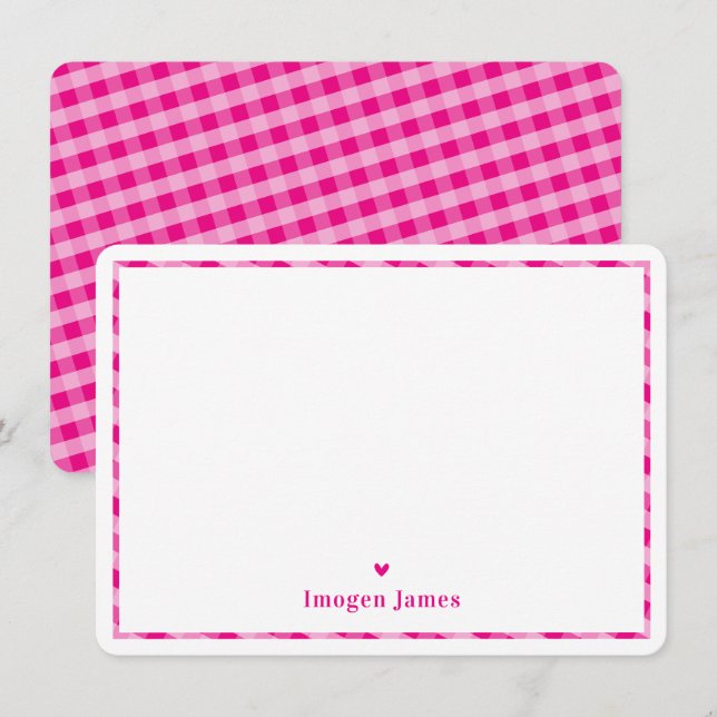 THANK YOU NOTE modern check heart cute hot pink Card (Front/Back)