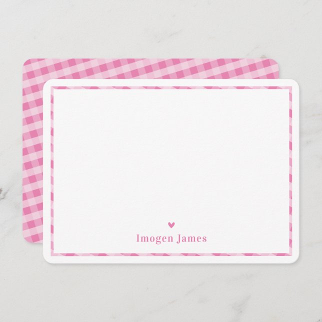 THANK YOU NOTE modern cute check heart pink white (Front/Back)