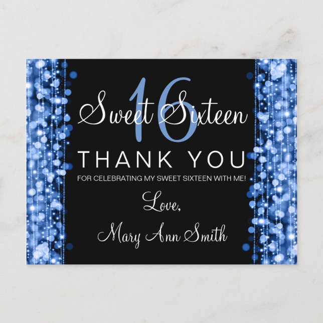 Thank You Note Sweet 16 Party Sparkles Blue Postcard (Front)