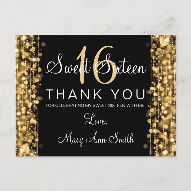 Thank You Note Sweet 16 Party Sparkles Gold Postcard (Front)