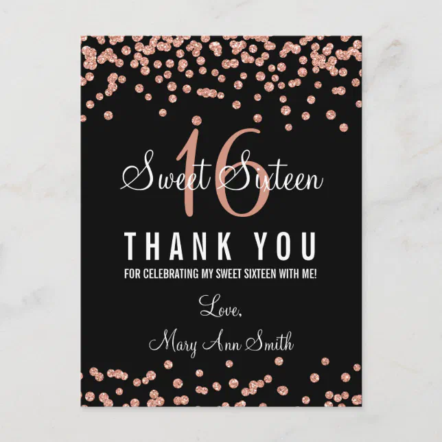 Thank You Note Sweet 16 Rose Gold Glitter Confetti Postcard | Zazzle