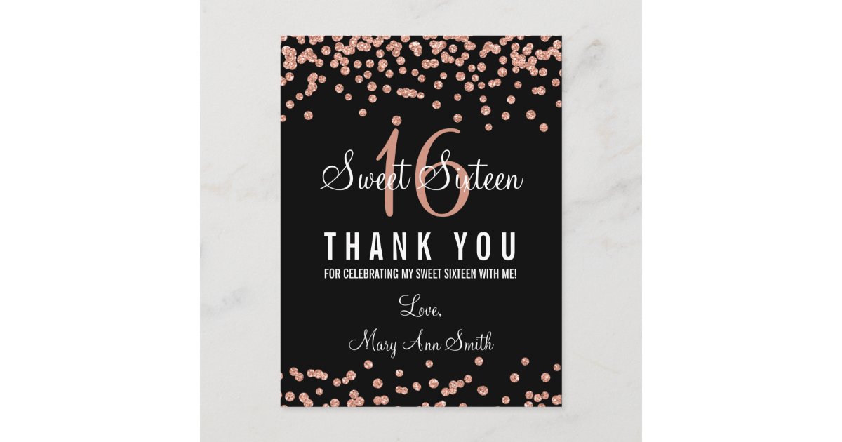 Thank You Note Sweet 16 Rose Gold Glitter Confetti Postcard | Zazzle
