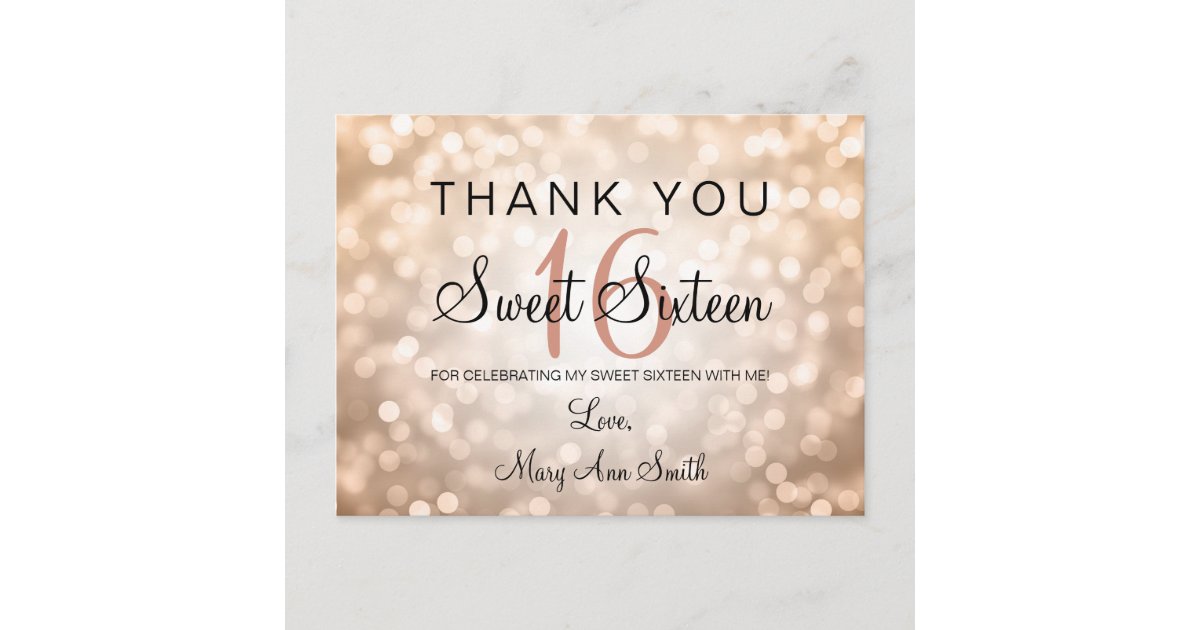 Thank You Note Sweet 16 Rose Gold Glitter Lights Postcard | Zazzle