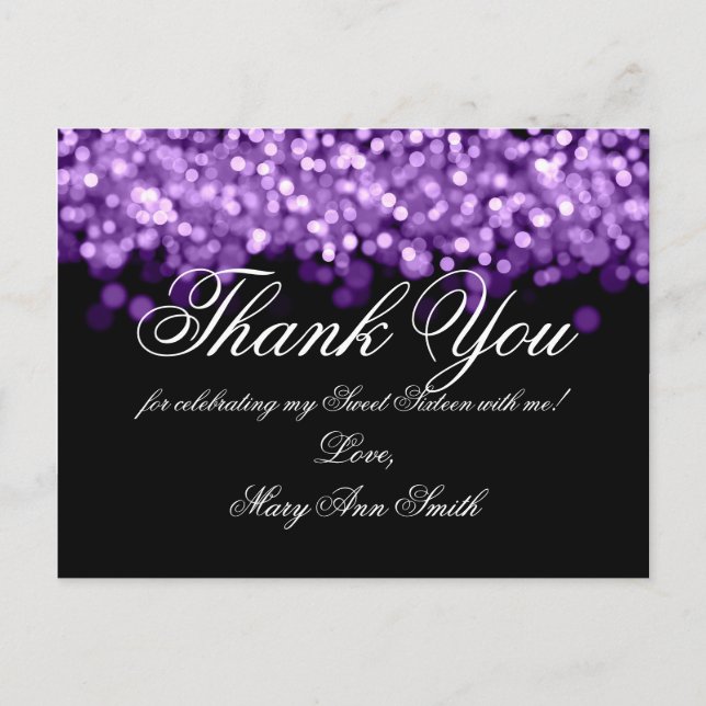 Thank You Note Sweet 16 Shimmering Purple Lights Postcard (Front)