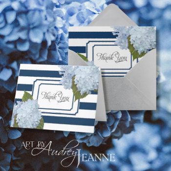 Thank You Notes Blue Hydrangea Floral Navy Striped by EverythingWedding at Zazzle