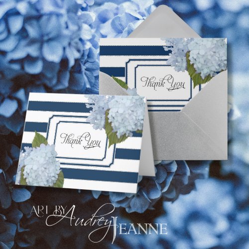 Thank You Notes Blue Hydrangea Floral Navy Striped