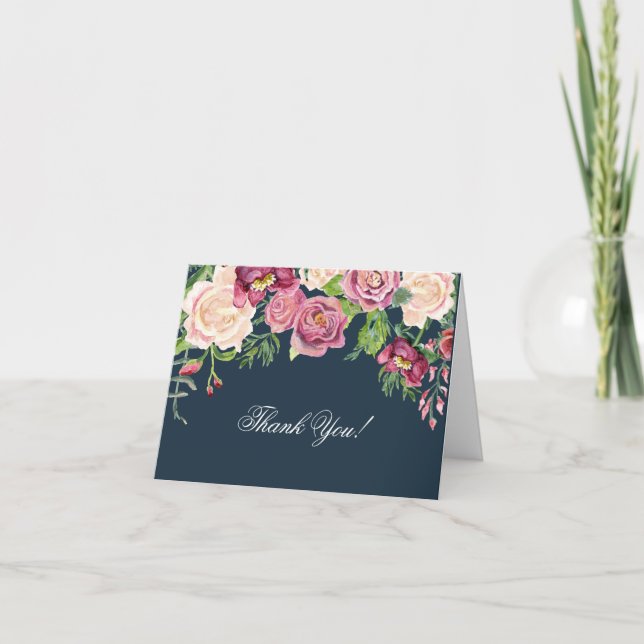 Thank You Notes Fall Winter Navy Pink Rose Floral (Front)