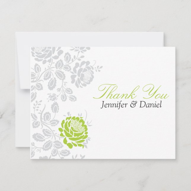 Thank You Notes Lime and Gray Damask Invitation (Front)
