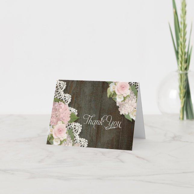 Thank You Notes Pink Hydrangeas Floral Dark Wooden (Front)