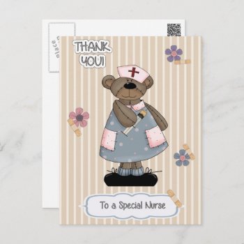 Thank You Nurse. Cute Teddy Bear Nurse Postcard by artofmairin at Zazzle