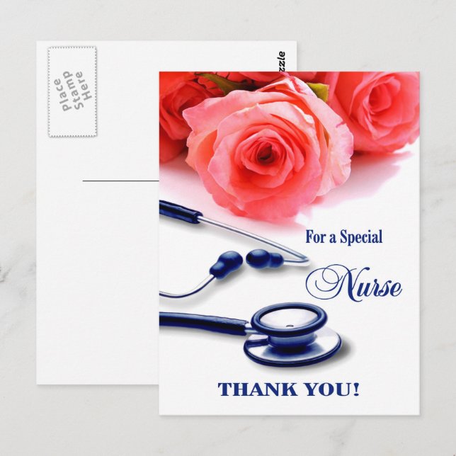 Thank You Nurse.  Roses and Stethoscope Postcard (Front/Back)