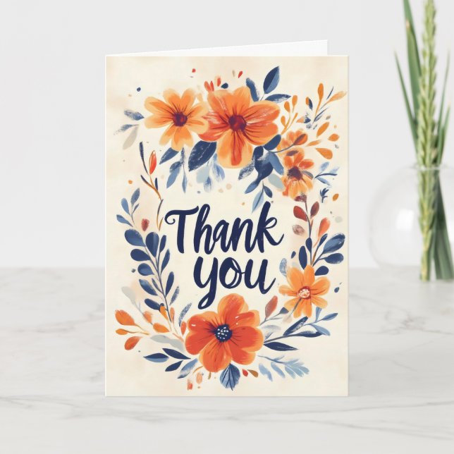 Thank You Orange Blue Flower Holiday Card (Front)
