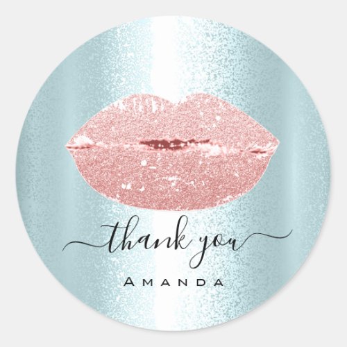 Thank You Order Makeup Kiss Lips Glitter Blue Classic Round Sticker