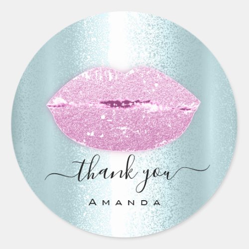 Thank You Order Makeup Kiss Lips Glitter Blue Pink Classic Round Sticker