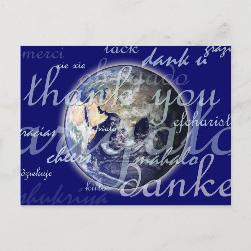 Thank you over earth in different languages postcard