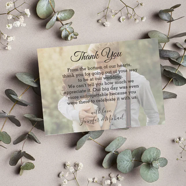 thank you overlay calligraphy wedding photo note card | Zazzle