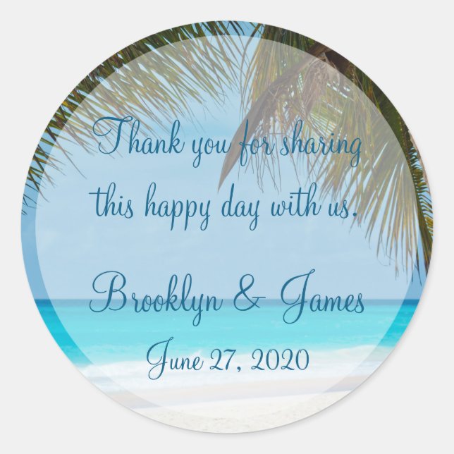 Thank You Palm Trees On Beach Wedding Stickers (Front)
