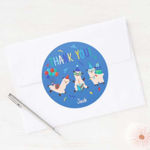 Thank You Party Animals Llama Birthday Boys Blue Classic Round Sticker