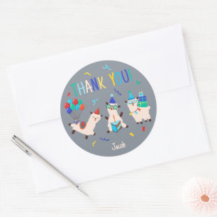 Thank You Party Animals Llama Birthday Boys Gray Classic Round Sticker