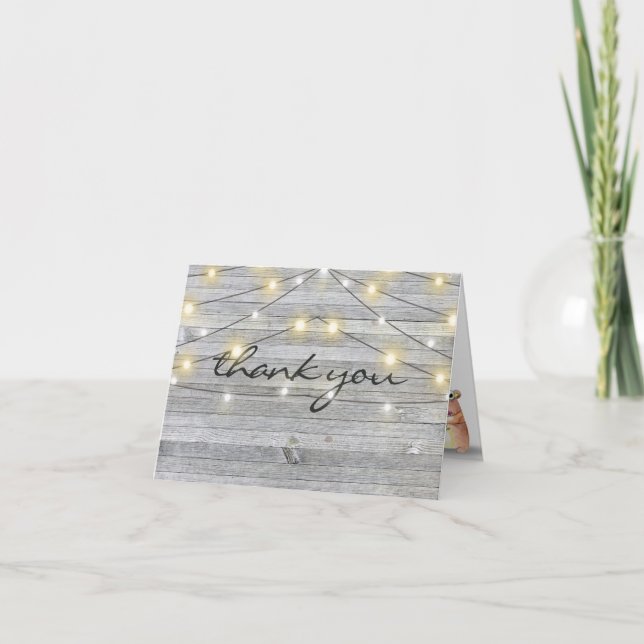 thank you-party lights on gray wood thank you card (Front)