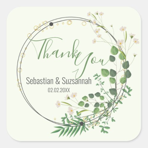 Thank You Pastel Green Greenery Wreath Square Sticker
