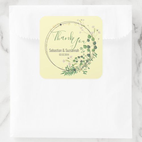 Thank You Pastel Yellow Greenery Wreath Square Sticker