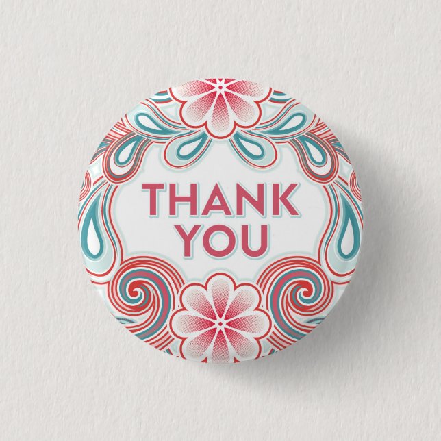 Thank You pattern with retro flowers and swirls Button (Front)