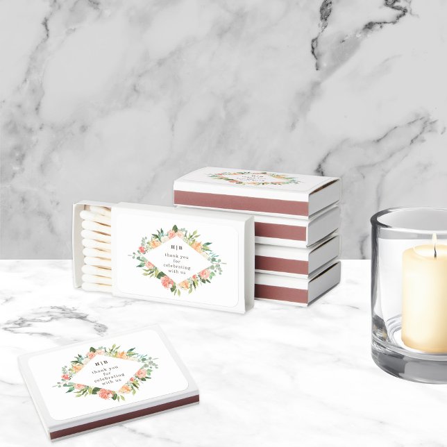 Thank you Peach Blush Floral Wedding Favor Matchboxes (Creator Uploaded)