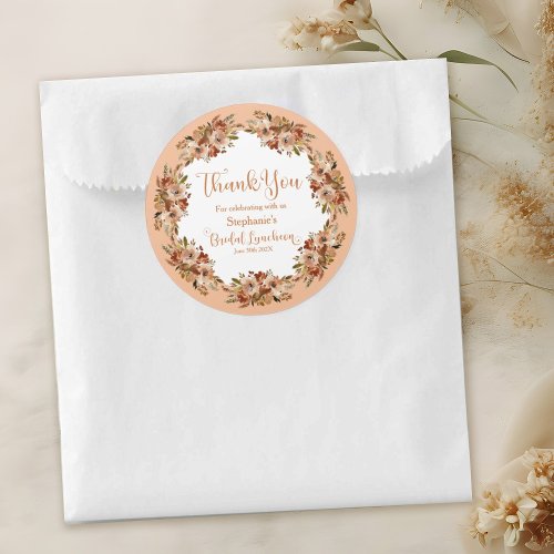 Thank You Peach Floral Wreath Bridal Luncheon  Classic Round Sticker