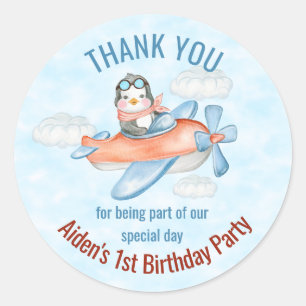 Thank You Penguin Airplane Blue Birthday  Classic Round Sticker