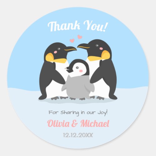 Thank You Penguin Family Baby Shower Decorative Classic Round Sticker