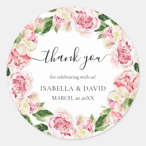 Thank You Peonies Floral Romantic Bridal Shower  Classic Round Sticker