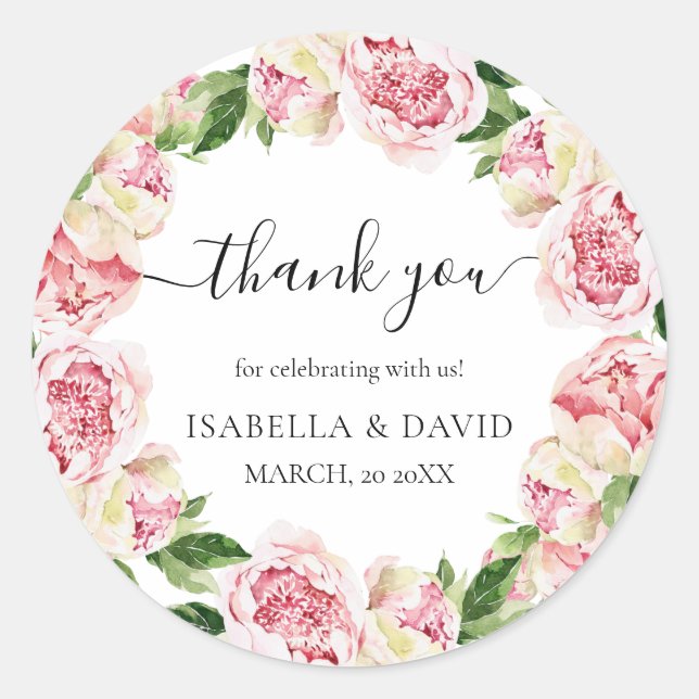 Thank You Peonies Floral Romantic Bridal Shower  Classic Round Sticker (Front)