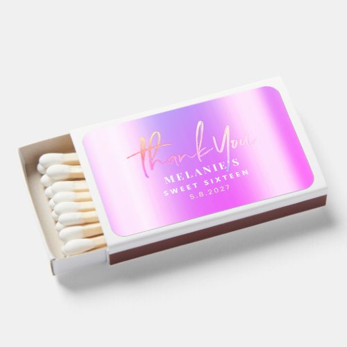 Thank You Personalized 16th Bridal Purple Foil Matchboxes