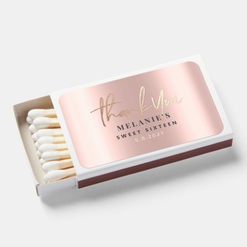 Thank You Personalized 16th Bridal Rose Gold Foil Matchboxes