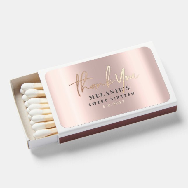 Thank You Personalized 16th Bridal Rose Gold Foil Matchboxes (Front Open)