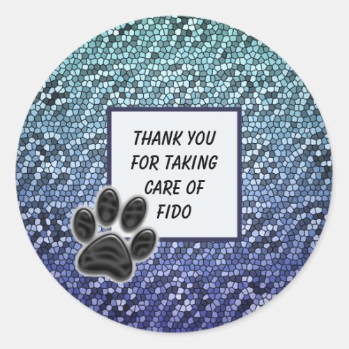 Thank You Pet Sitter Blue Mosaic Paw Print Thanks Classic Round Sticker