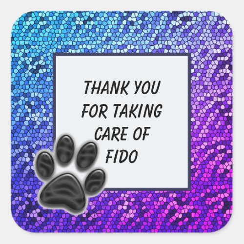 Thank You Pet Sitter Blue Purple Mosaic Paw Print Square Sticker