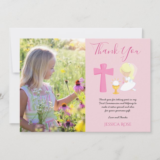 THANK YOU PHOTO 1st Communion - GIRL PINK Blonde (Front)