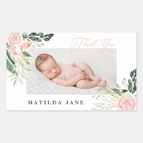 Thank you photo blush floral birth announcement rectangular sticker