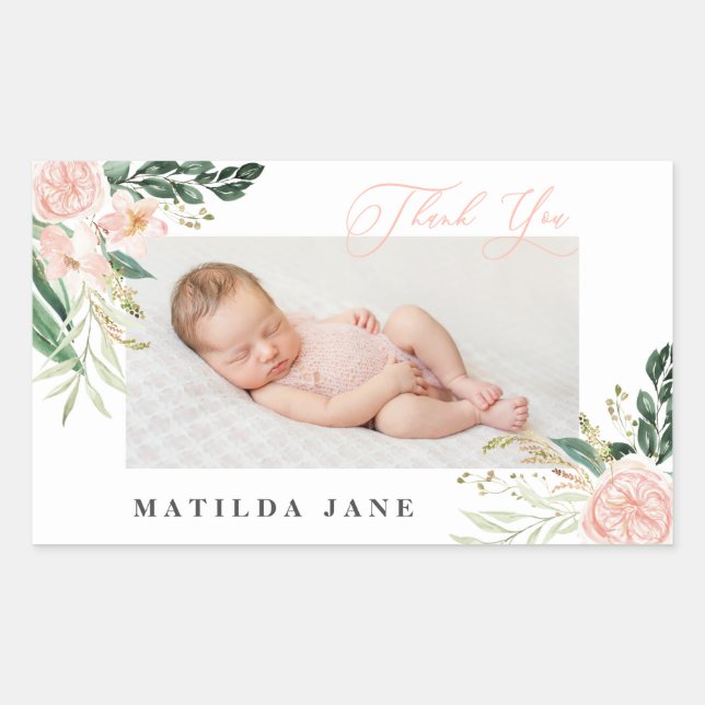 Thank you photo blush floral birth announcement rectangular sticker (Front)