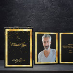 Thank you photo card birthday black gold confetti<br><div class="desc">A chic black background color and a faux gold frame. With a golden confetti rain. On front a modern hand lettered style script and the text: Thank You and a floral faux gold decor. Inside: Template for Your thank you note and name/names. Template for Your photo. Back: Template for Your...</div>