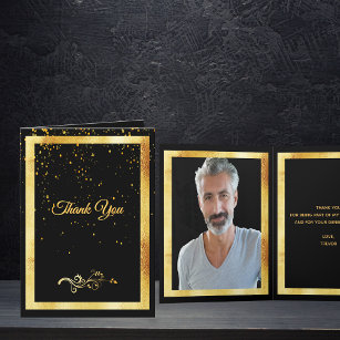 Thank you photo card birthday black gold confetti