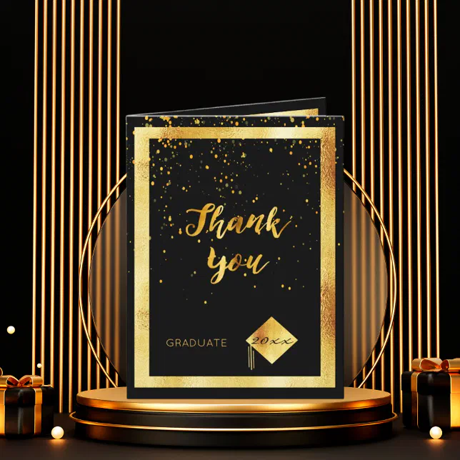 Thank you photo card graduate black gold confetti | Zazzle